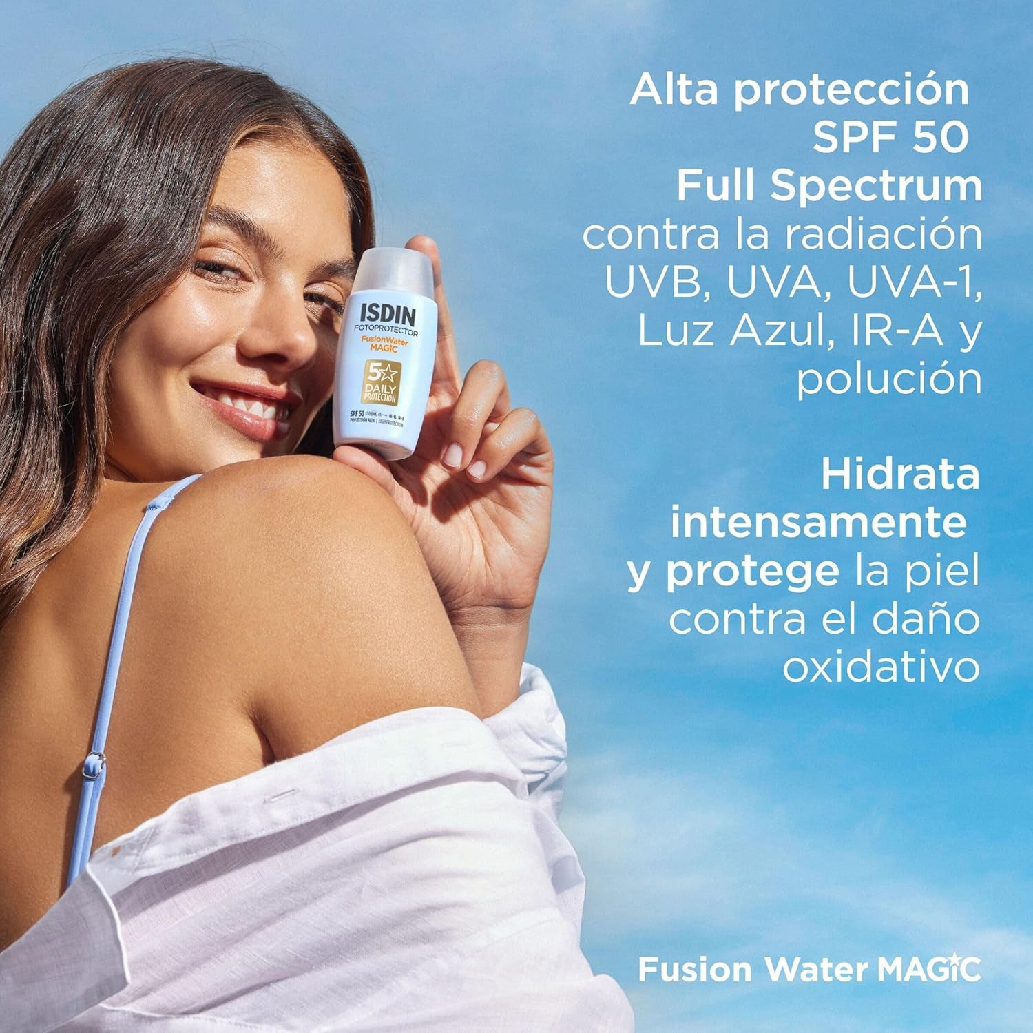 ISDIN Fotoprotección Fusion Water MAGIC SPF 50, Protector Solar Facial De Textura Ligera Y Fase Externa Acuosa Con Tacto Final Sedoso, 50Ml