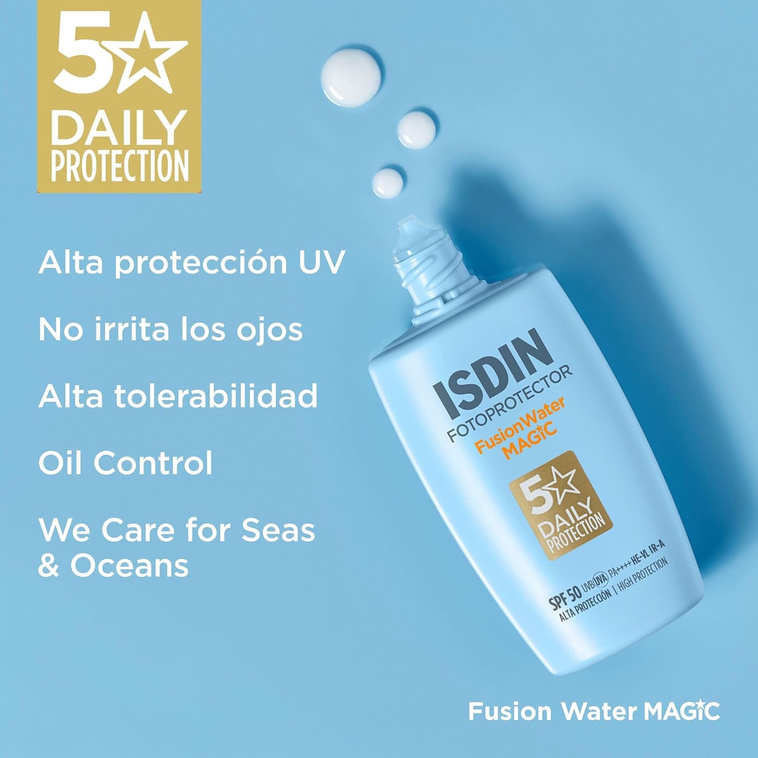 ISDIN Fotoprotección Fusion Water MAGIC SPF 50, Protector Solar Facial De Textura Ligera Y Fase Externa Acuosa Con Tacto Final Sedoso, 50Ml