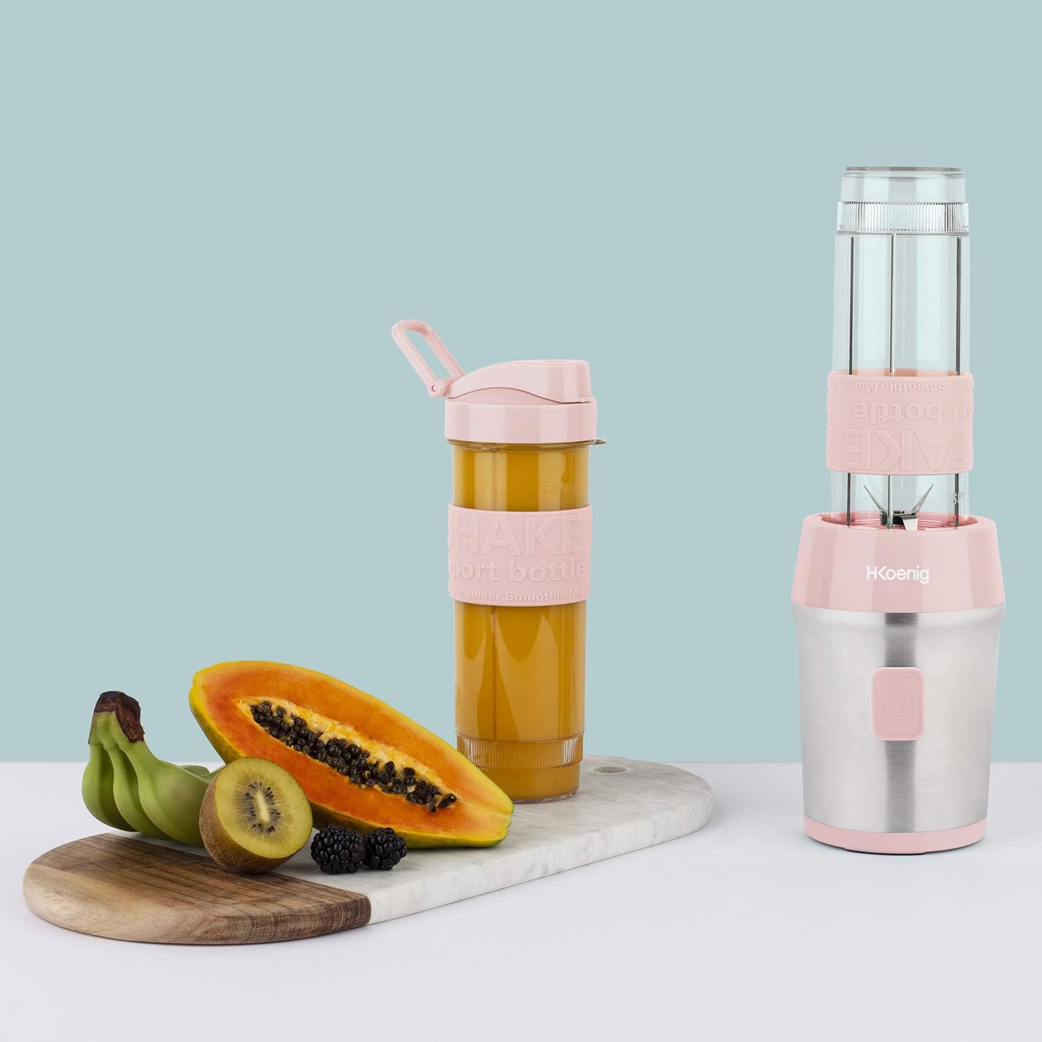 H.Koenig Mini Smoothie Maker Compact 570mL SMOO12 BPA-Free Powerful 300W, Smoothie Blender 2 Portable Bottles, 4 Stainless Steel Blades, Pastel Pink