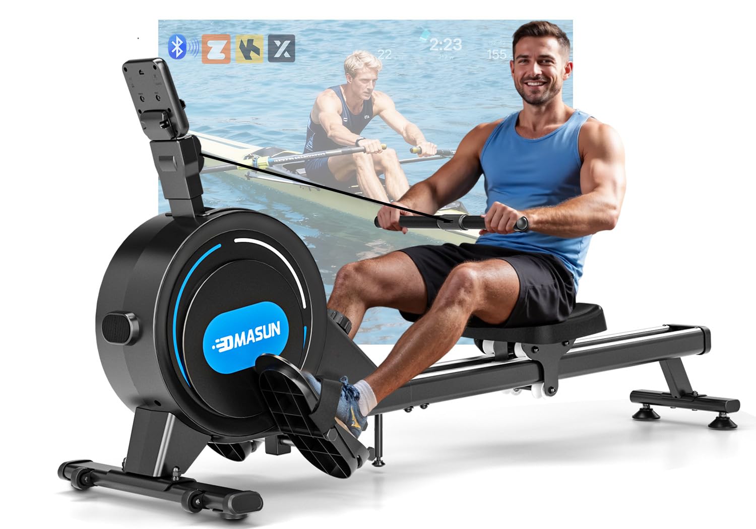 Home Rowing Machine, 16/32 Resistance Levels, Silent Magnetic Rowing with Main Stream App, Improved Double Rails for Added Stability