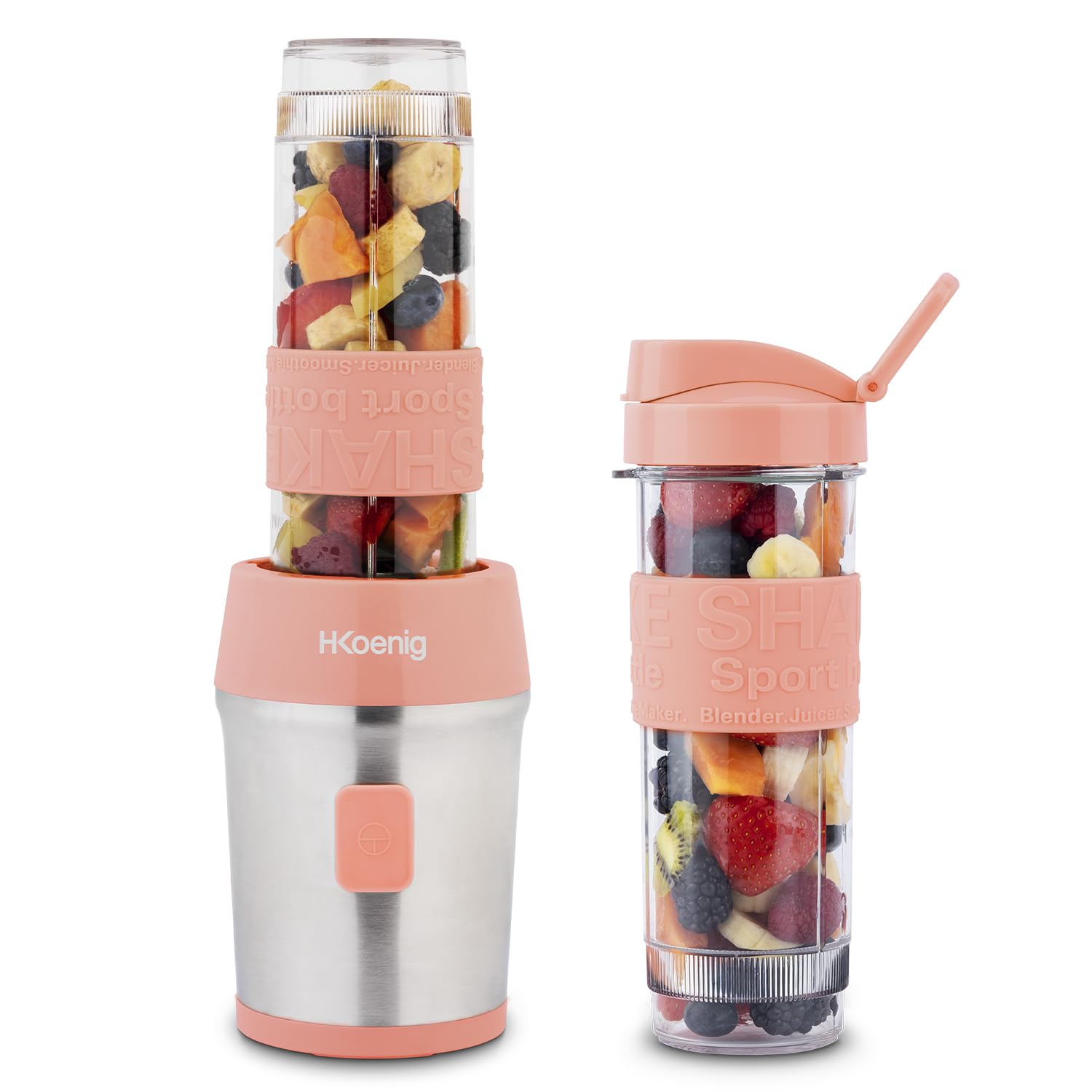 H.Koenig Mini Smoothie Maker Compact 570mL SMOO12 BPA-Free Powerful 300W, Smoothie Blender 2 Portable Bottles, 4 Stainless Steel Blades, Pastel Pink