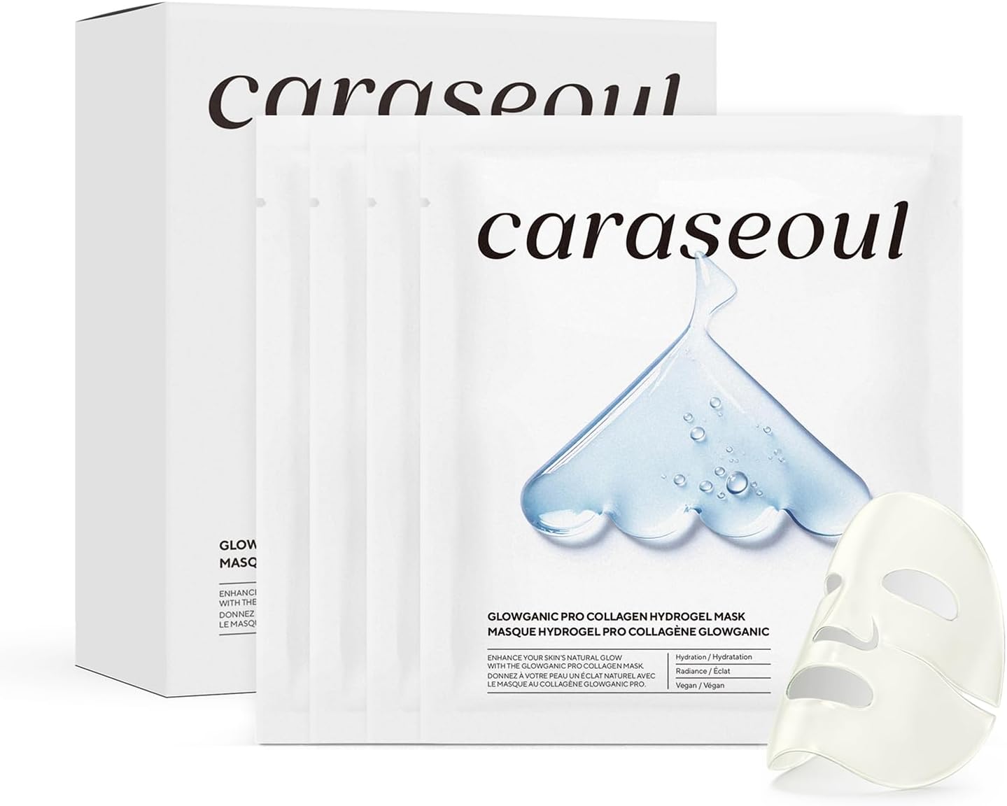 caraseoul Glowganic Pro Collagen Hydrogel Facial Mask - Niacinamide (Vitamin B3) and Adenosine, Moisturizing and Brightening, Minimizes Pores, Korean Skincare, Vegan, Night Masks [4 Pieces]