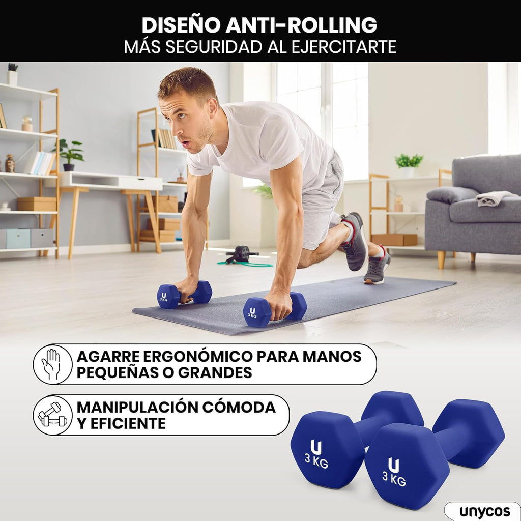 unycos - Non-slip dumbbells and dumbbells: Iron | Neoprene: from 1 kg to 10 kg - Soft to the touch for men and women, ergonomic design, anti-rolling, home gym, fitness