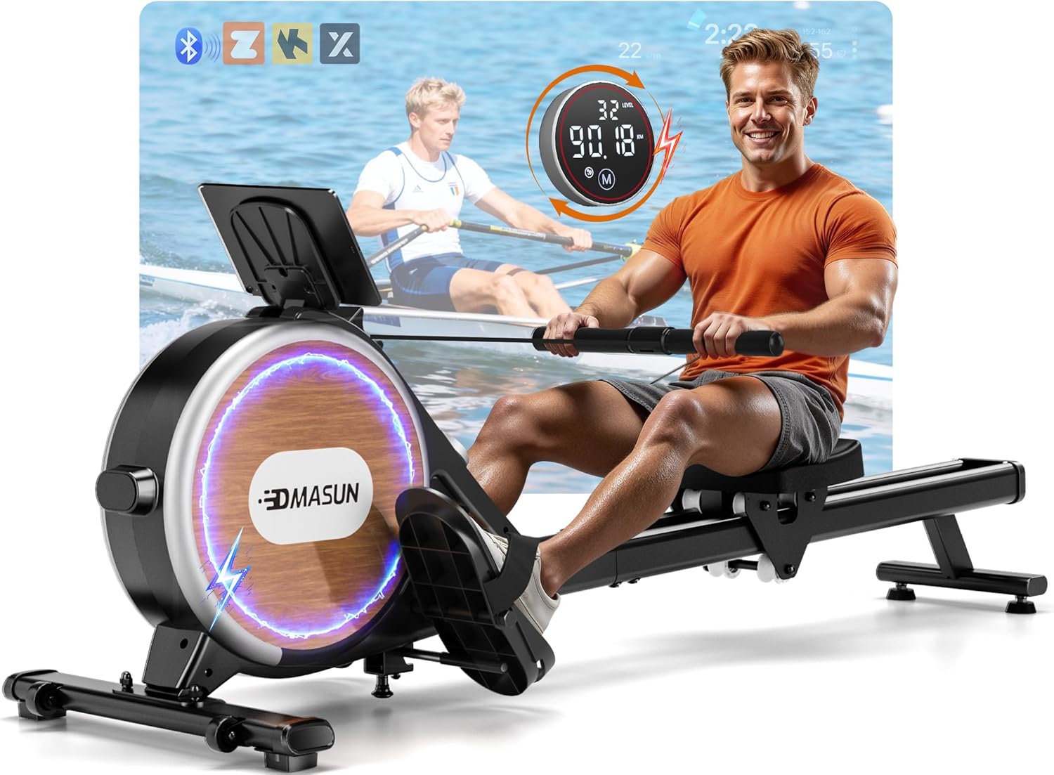 Home Rowing Machine, 16/32 Resistance Levels, Silent Magnetic Rowing with Main Stream App, Improved Double Rails for Added Stability