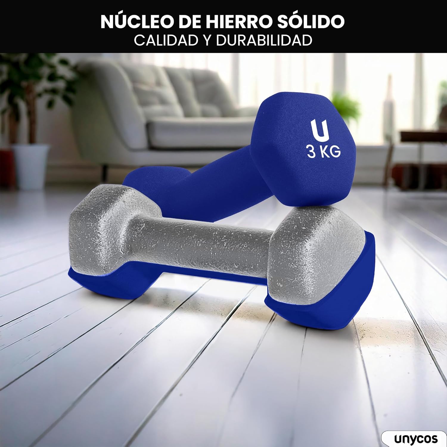 unycos - Non-slip dumbbells and dumbbells: Iron | Neoprene: from 1 kg to 10 kg - Soft to the touch for men and women, ergonomic design, anti-rolling, home gym, fitness