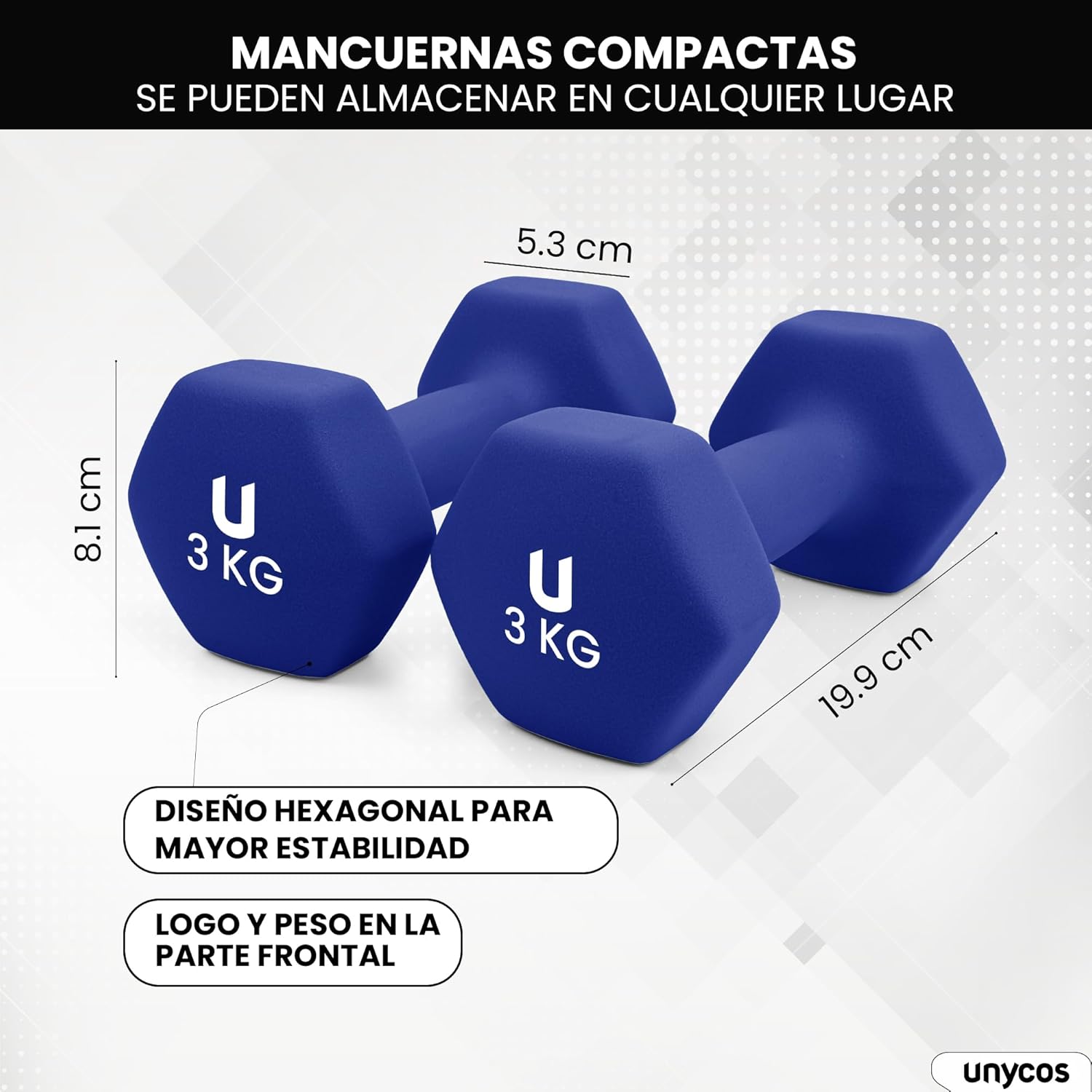 unycos - Non-slip dumbbells and dumbbells: Iron | Neoprene: from 1 kg to 10 kg - Soft to the touch for men and women, ergonomic design, anti-rolling, home gym, fitness