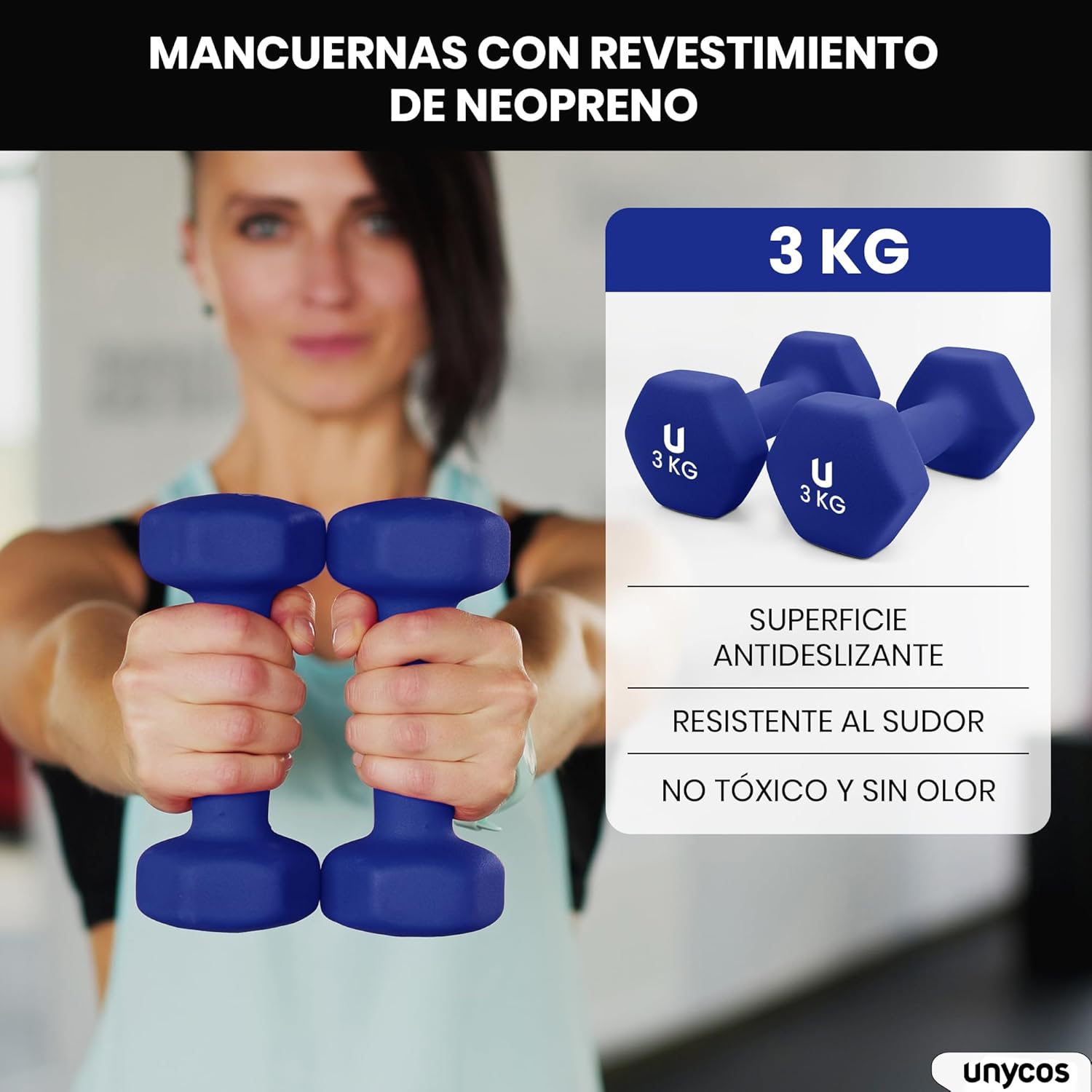 unycos - Non-slip dumbbells and dumbbells: Iron | Neoprene: from 1 kg to 10 kg - Soft to the touch for men and women, ergonomic design, anti-rolling, home gym, fitness