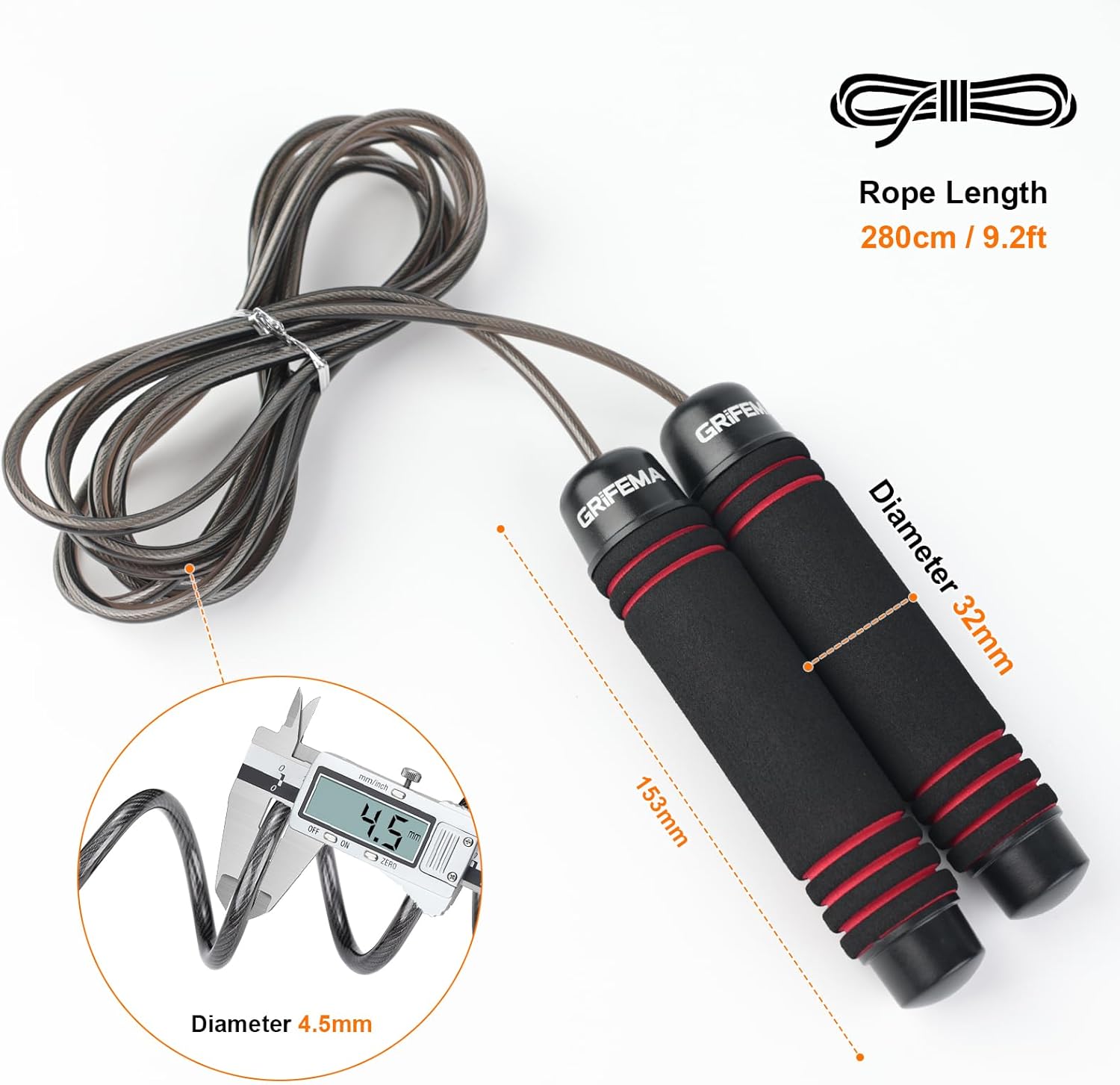 GRIFEMA GA5004 Skipping Rope, Skipping Rope with Non-Slip Foam Handle, for Adults and Children, 2.8 Metres, Black