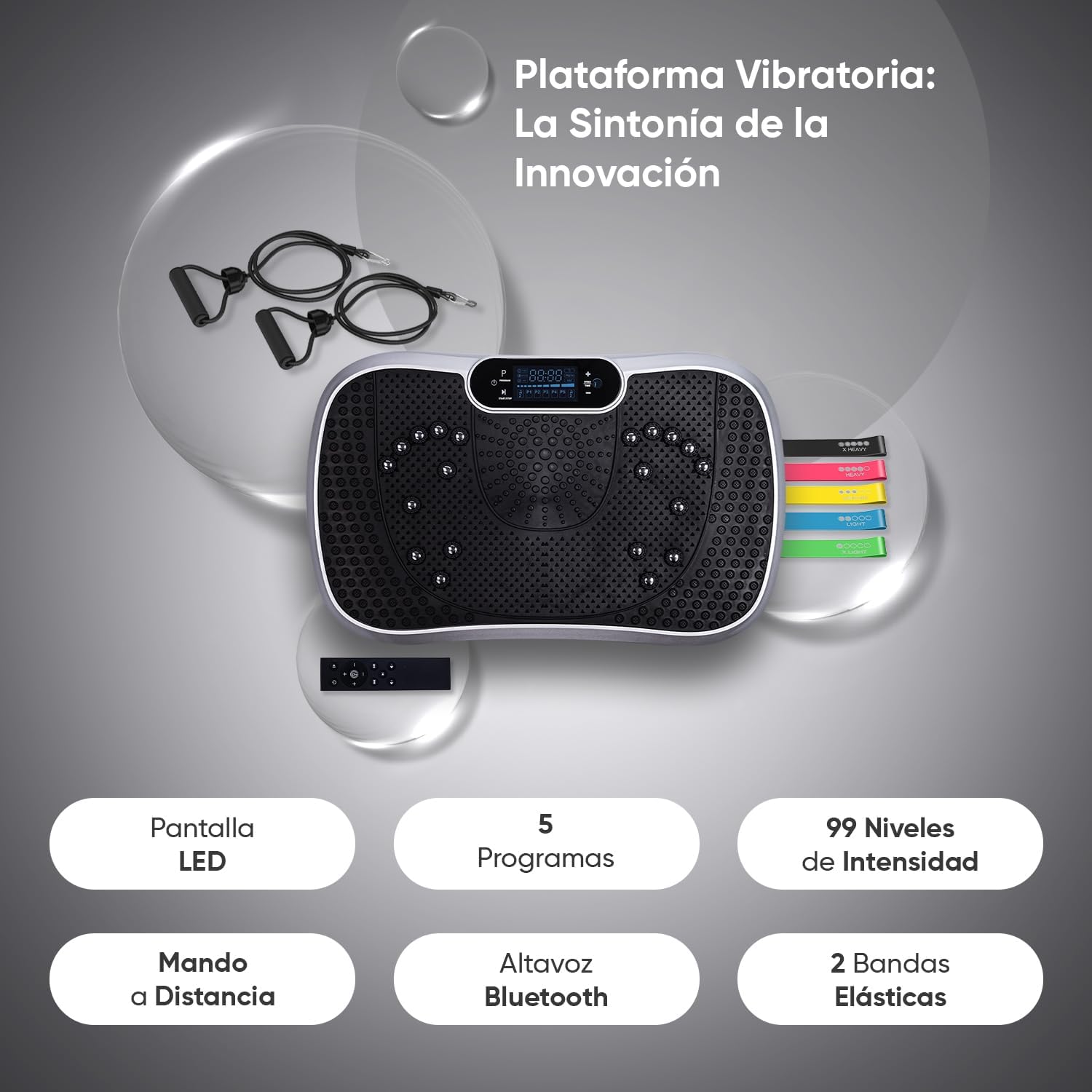 WeightWorld Vibration Platform – 99 Speeds, Massager, Bluetooth Speaker and Elastic Bands – Muscle Vibration Platform for Exercise at Home with Remote Control and 5 Programs