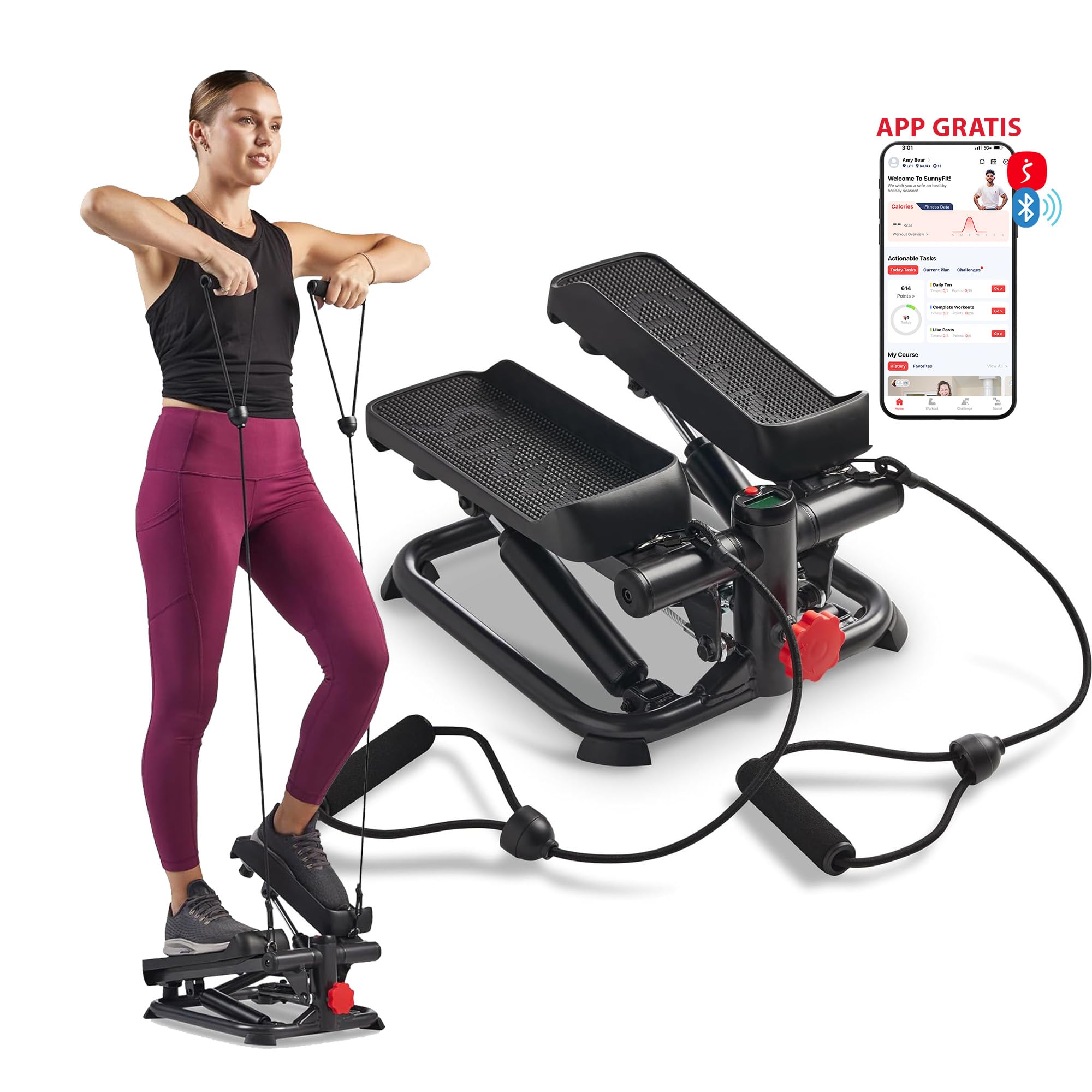 Sunny Health & Fitness Mini Steppers para Ejercicio, Escalones de Bajo Impacto, Equipo de Cardio de Cuerpo Completo, con Conexión Opcional Gratuita a la Aplicación SunnyFit y Banda de Resistencia