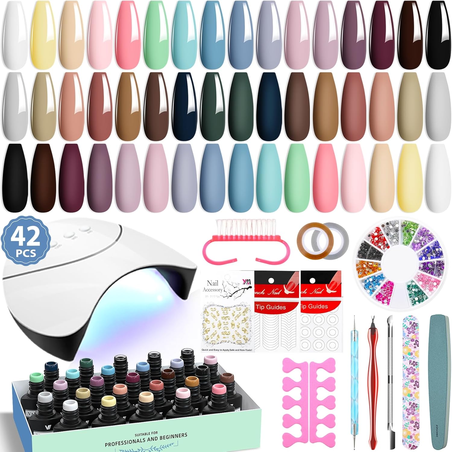 VANREESA Semi-Permanent Nails Complete Kit and U V Lamp 24 Colors Kit Semi-Permanent Nails with Base Top Matte Top Coat Kit Semi-Permanent Manicure Gifts for Women