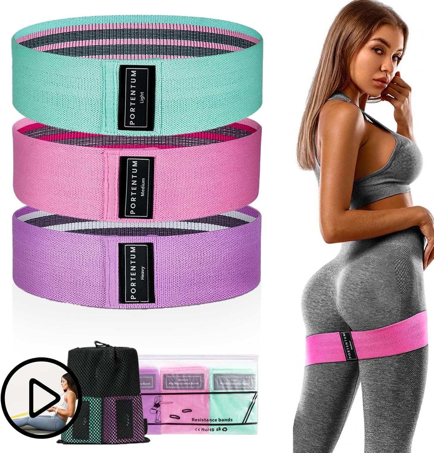 PORTENTUM Elastic bands for bodybuilding, set of 3 non-slip fabric fitness bands, 3 levels of resistance for crossfit, yoga, buttocks and other sports and storage bag