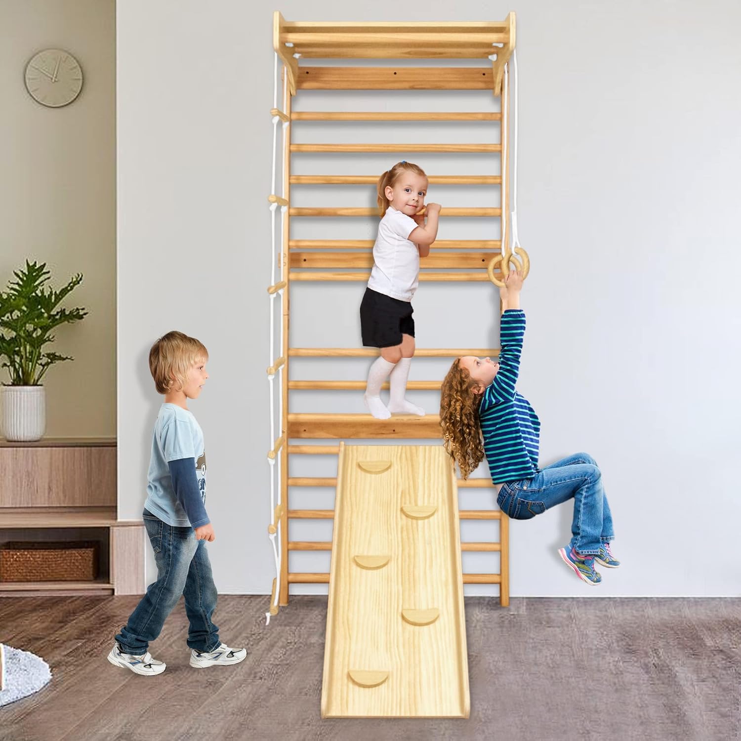 UISEBRT Wooden Climbing Backrest for Indoor and Adults, Home Sports Device with Bar,Gymnastics Rings,Slide and Rope Ladder,Supports up to 100kg