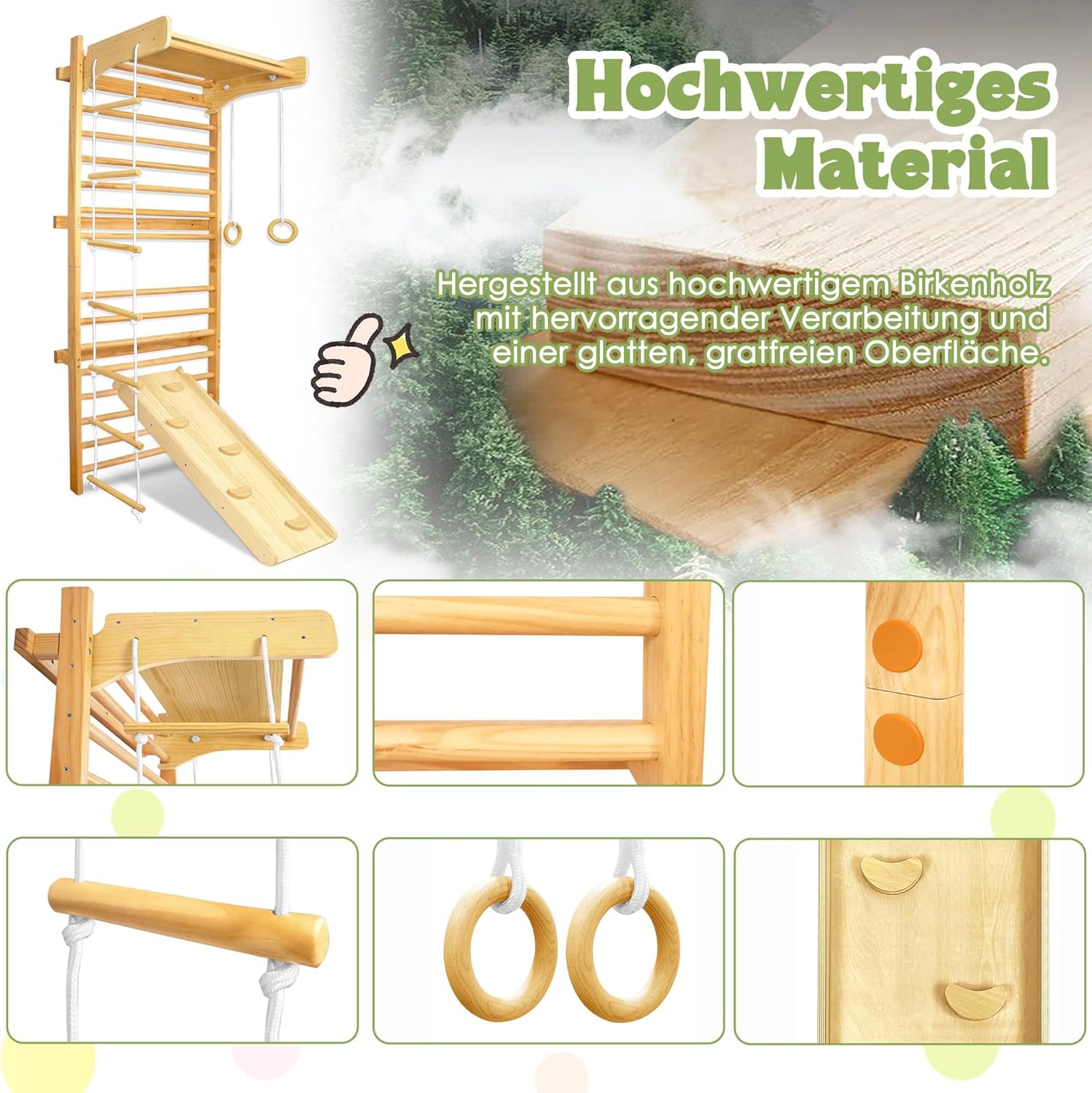 UISEBRT Wooden Climbing Backrest for Indoor and Adults, Home Sports Device with Bar,Gymnastics Rings,Slide and Rope Ladder,Supports up to 100kg