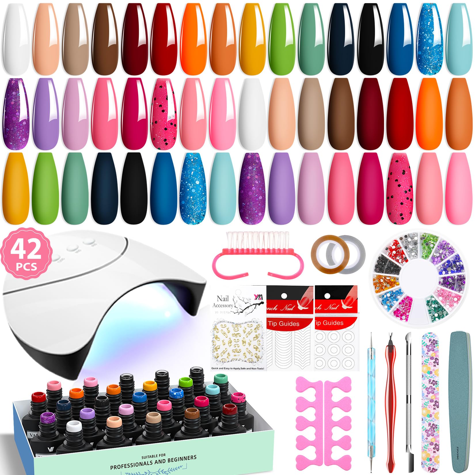 VANREESA Semi-Permanent Nails Complete Kit and U V Lamp 24 Colors Kit Semi-Permanent Nails with Base Top Matte Top Coat Kit Semi-Permanent Manicure Gifts for Women