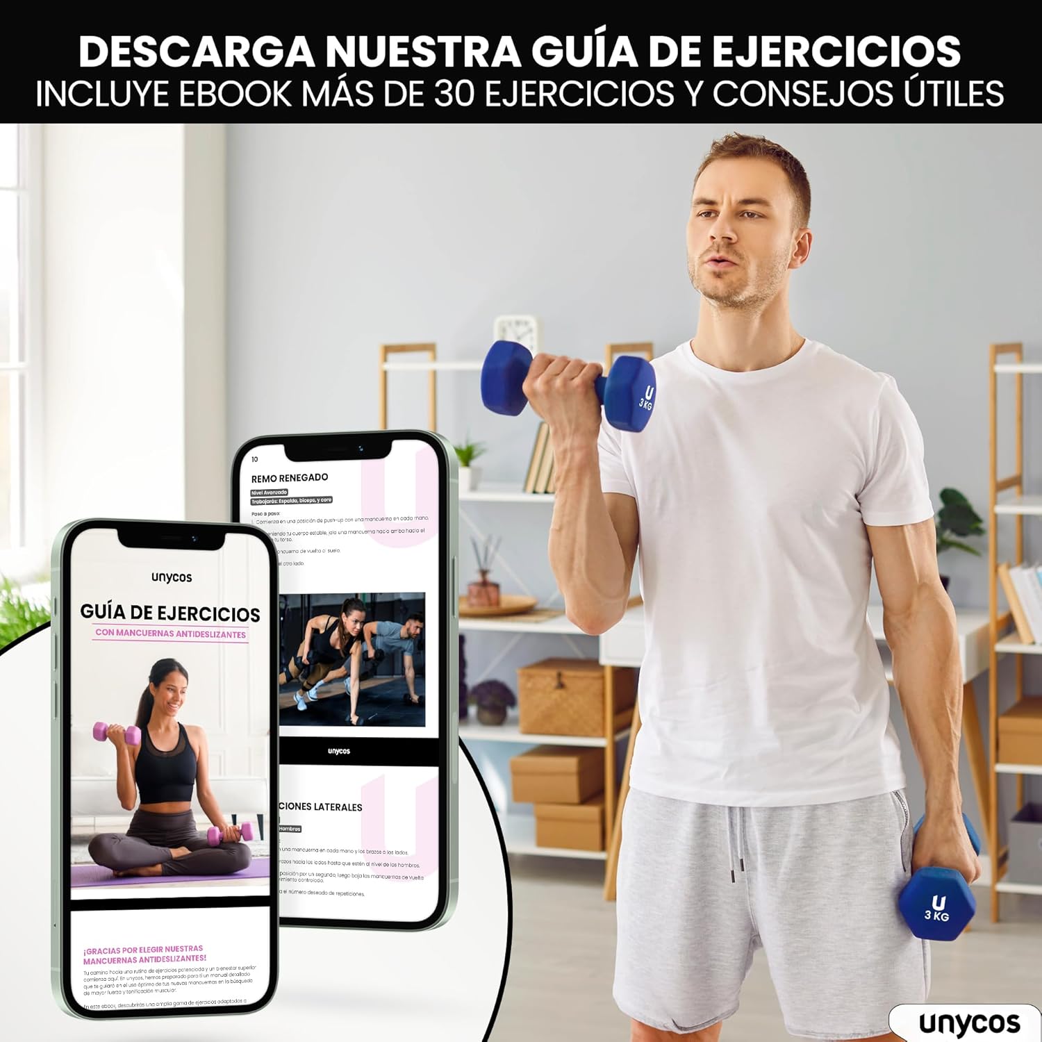 unycos - Non-slip dumbbells and dumbbells: Iron | Neoprene: from 1 kg to 10 kg - Soft to the touch for men and women, ergonomic design, anti-rolling, home gym, fitness