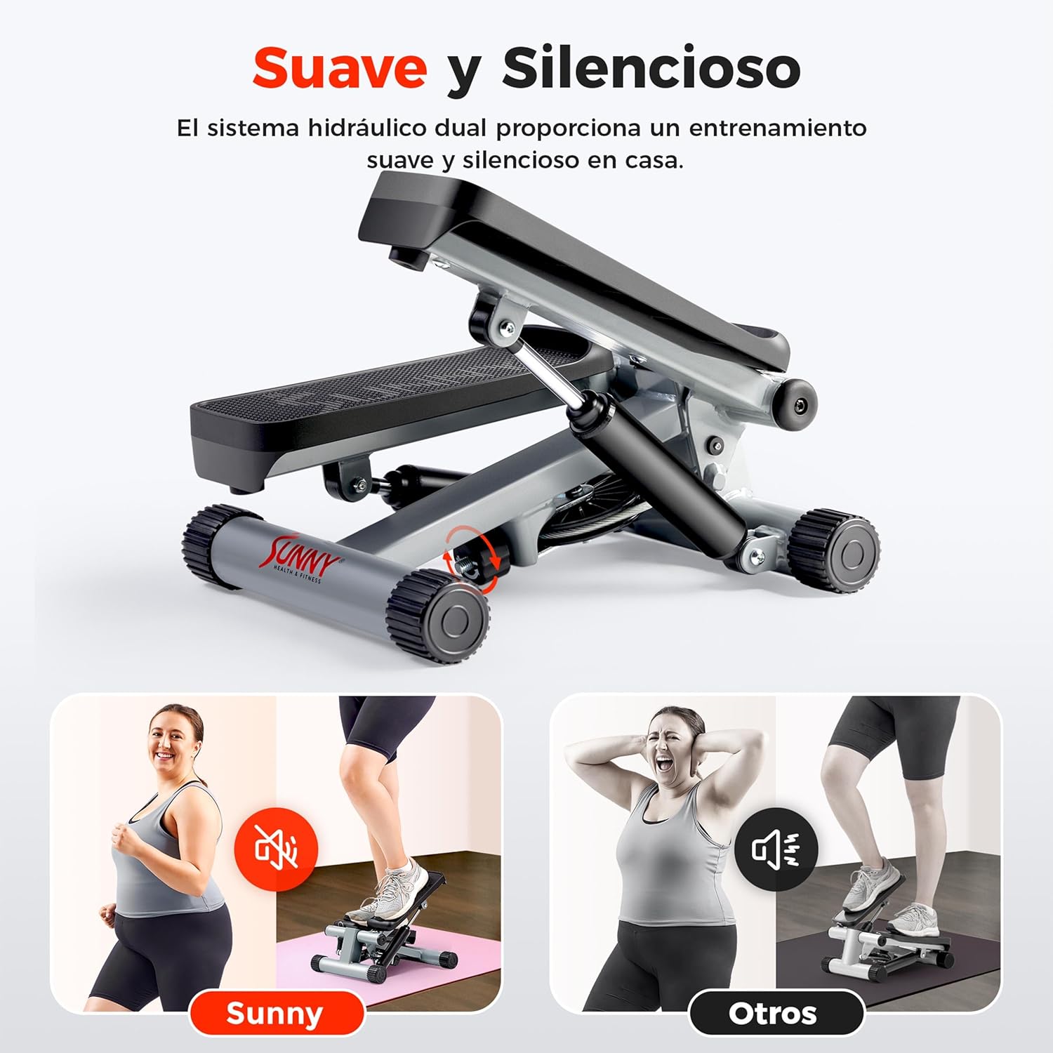 Sunny Health & Fitness Mini Steppers para Ejercicio, Escalones de Bajo Impacto, Equipo de Cardio de Cuerpo Completo, con Conexión Opcional Gratuita a la Aplicación SunnyFit y Banda de Resistencia