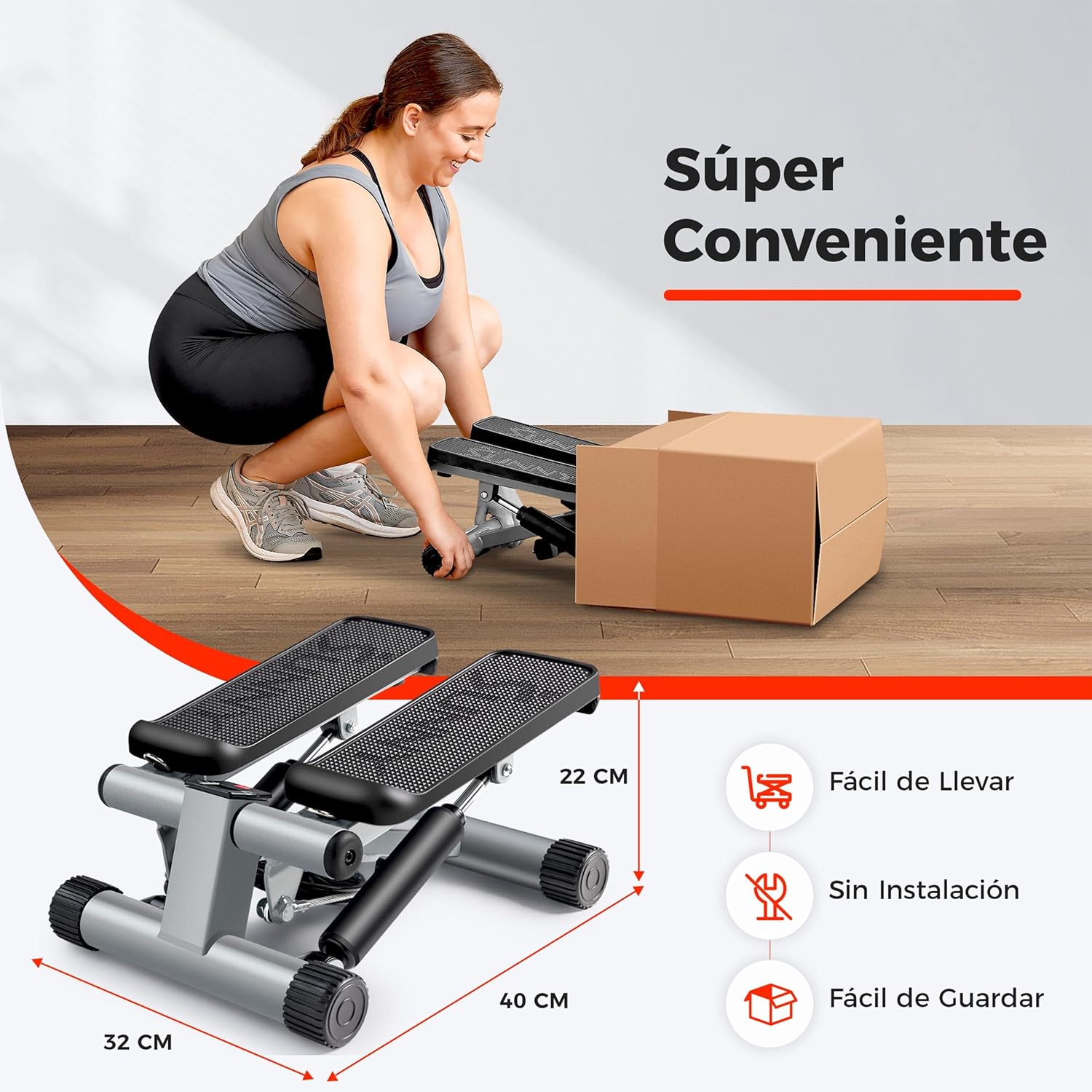 Sunny Health & Fitness Mini Steppers para Ejercicio, Escalones de Bajo Impacto, Equipo de Cardio de Cuerpo Completo, con Conexión Opcional Gratuita a la Aplicación SunnyFit y Banda de Resistencia