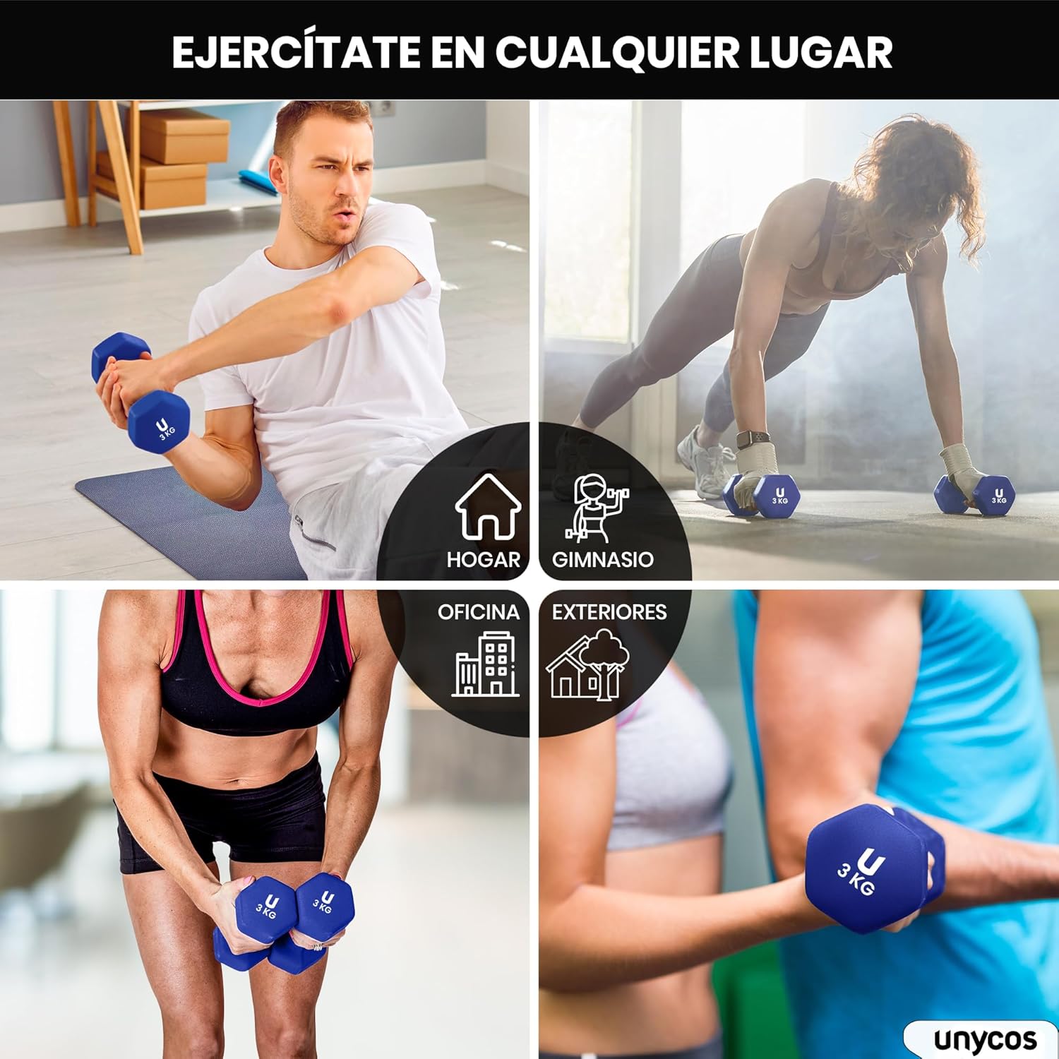 unycos - Non-slip dumbbells and dumbbells: Iron | Neoprene: from 1 kg to 10 kg - Soft to the touch for men and women, ergonomic design, anti-rolling, home gym, fitness