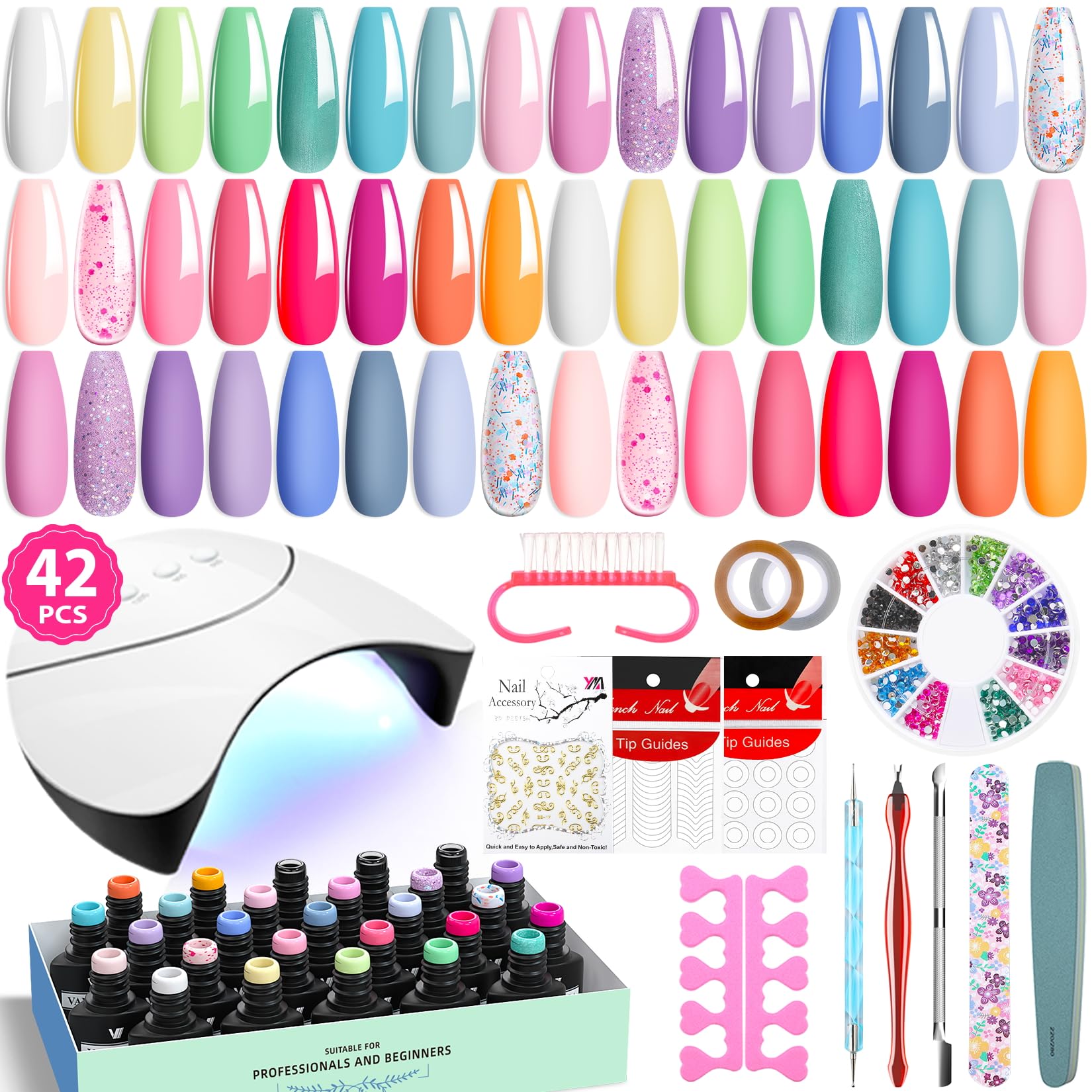 VANREESA Semi-Permanent Nails Complete Kit and U V Lamp 24 Colors Kit Semi-Permanent Nails with Base Top Matte Top Coat Kit Semi-Permanent Manicure Gifts for Women