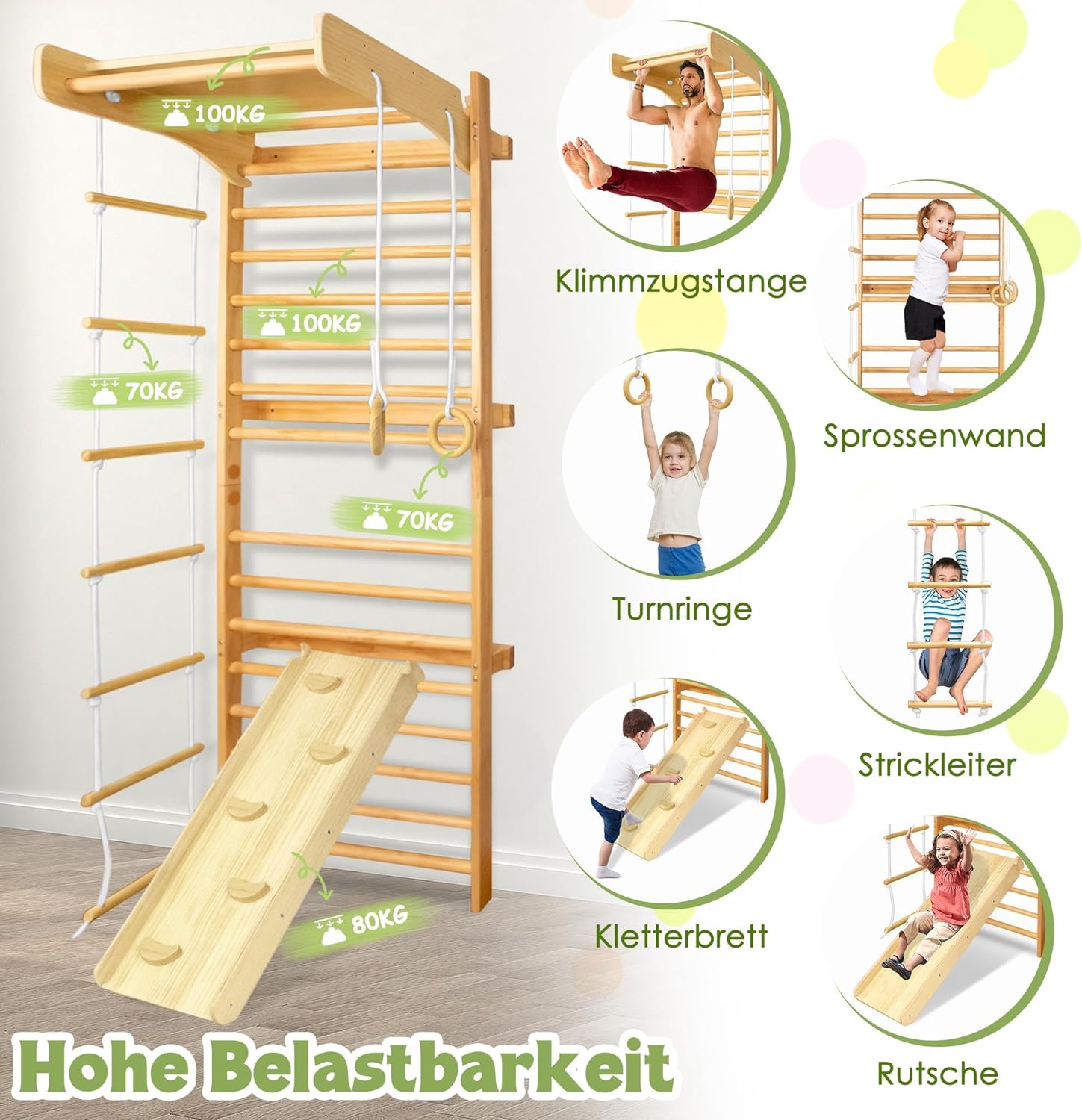 UISEBRT Wooden Climbing Backrest for Indoor and Adults, Home Sports Device with Bar,Gymnastics Rings,Slide and Rope Ladder,Supports up to 100kg