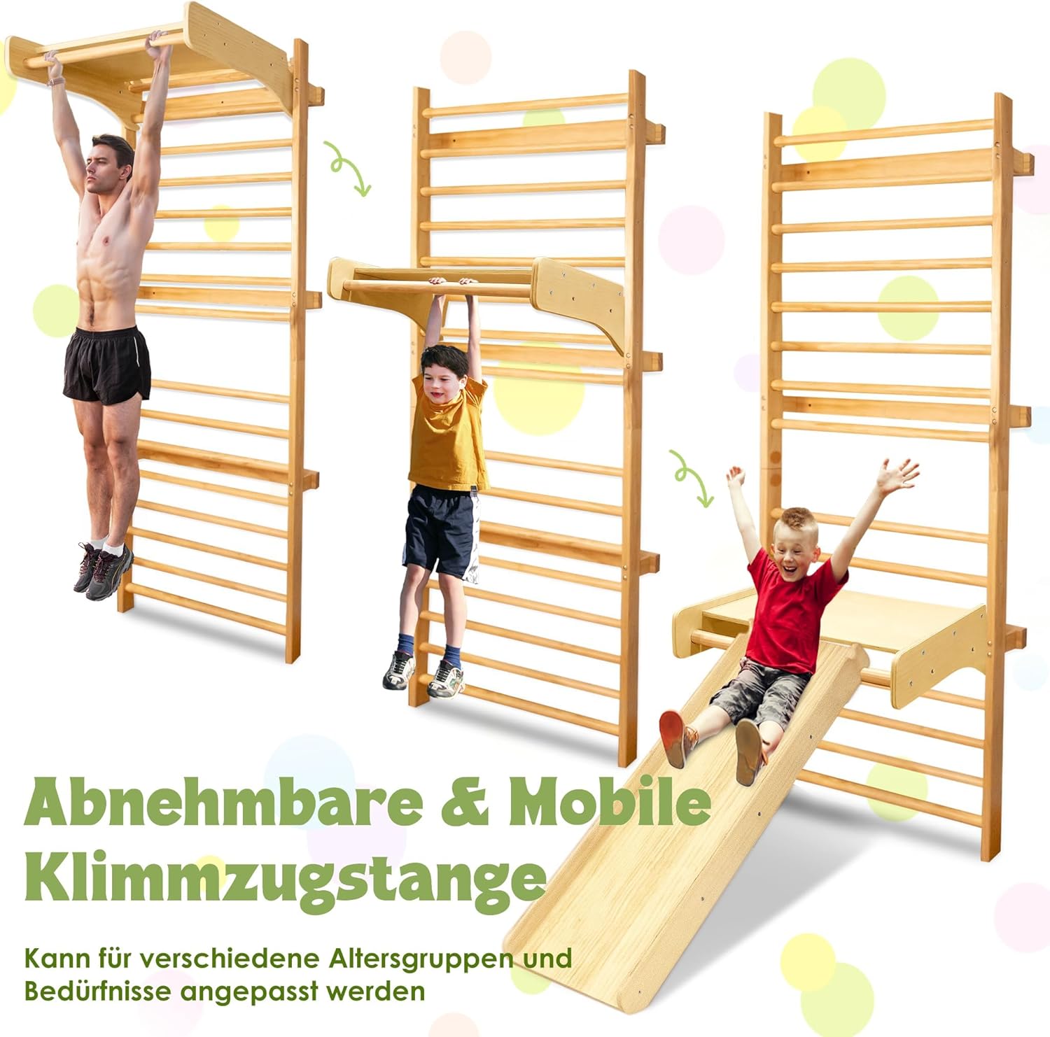 UISEBRT Wooden Climbing Backrest for Indoor and Adults, Home Sports Device with Bar,Gymnastics Rings,Slide and Rope Ladder,Supports up to 100kg