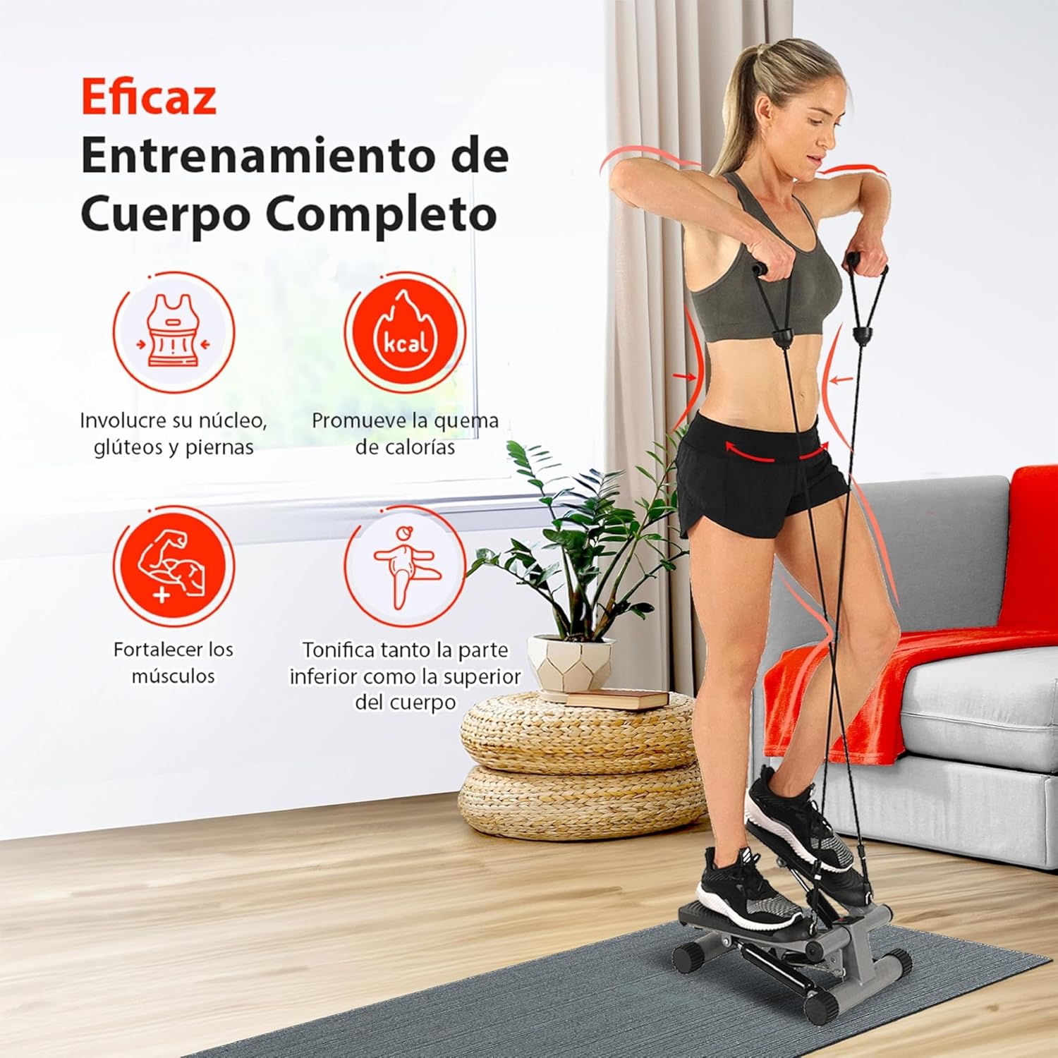 Sunny Health & Fitness Mini Steppers para Ejercicio, Escalones de Bajo Impacto, Equipo de Cardio de Cuerpo Completo, con Conexión Opcional Gratuita a la Aplicación SunnyFit y Banda de Resistencia