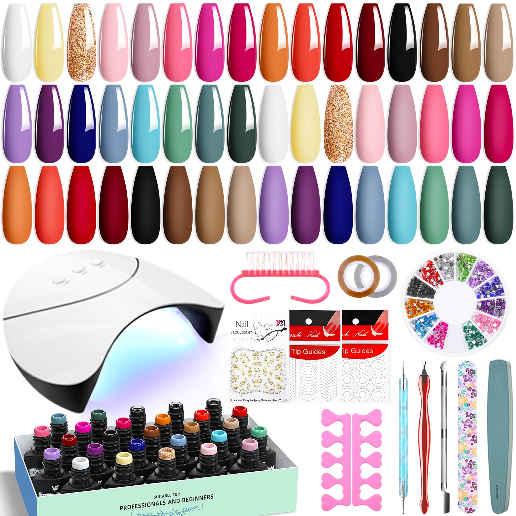VANREESA Semi-Permanent Nails Complete Kit and U V Lamp 24 Colors Kit Semi-Permanent Nails with Base Top Matte Top Coat Kit Semi-Permanent Manicure Gifts for Women
