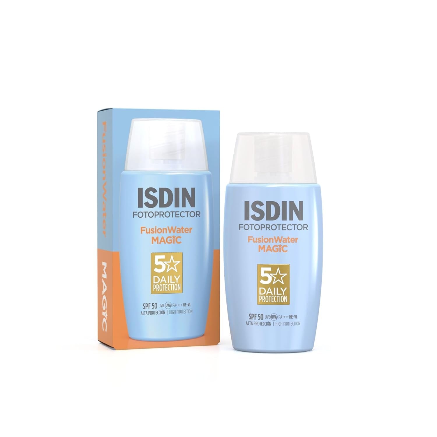 ISDIN Fotoprotección Fusion Water MAGIC SPF 50, Protector Solar Facial De Textura Ligera Y Fase Externa Acuosa Con Tacto Final Sedoso, 50Ml