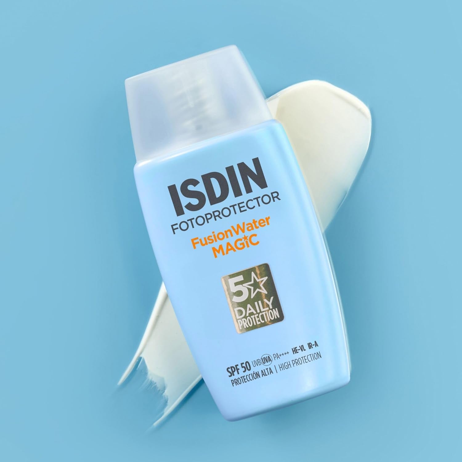 ISDIN Fotoprotección Fusion Water MAGIC SPF 50, Protector Solar Facial De Textura Ligera Y Fase Externa Acuosa Con Tacto Final Sedoso, 50Ml